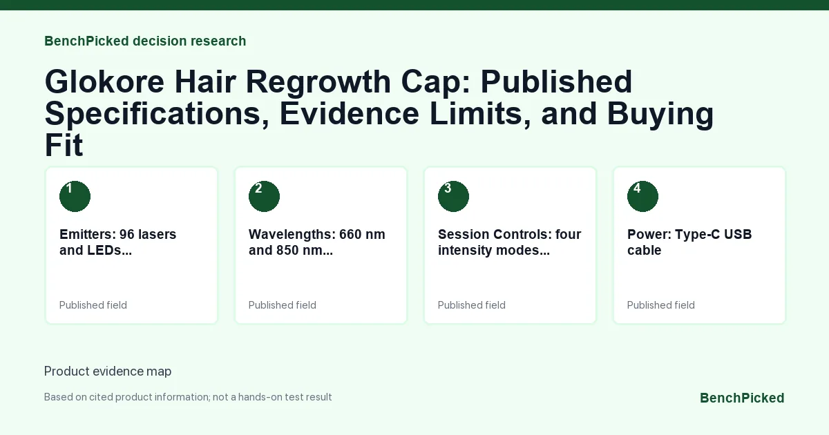 Decision research map for Glokore Hair Regrowth Cap: Published Specifications, Evidence Limits, and Buying Fit based on published information